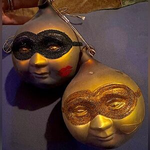 Set of 2 Dept 56 Gold Frosted Glass Ball Face Moon Christmas Ornament hand blown